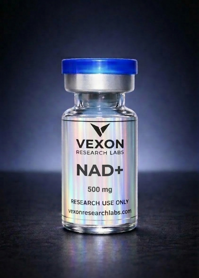 Vial labeled 'Vexon Research Labs NAD+ 500 mg' on a dark background