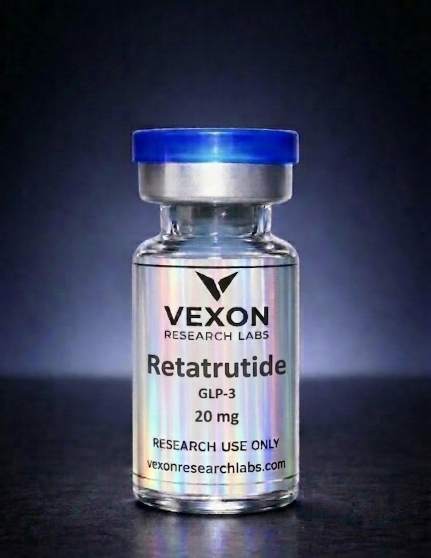 Vial labeled 'Retatrutide GLP-3 20 mg' by Vexon Research Labs on a dark background